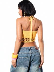 SUMWON WOMEN Women's Crochet Halter Neck Tank Top With Open Mesh Design Summer Beach Festival Boho Crop Top - Yellow - View 2