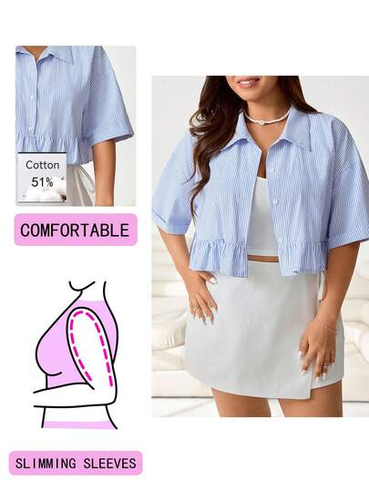 Solflare Spring/Summer New Casual Striped Loose Short Sleeve Shirt, Suitable For Outdoor, Daily, Party, Music Festival, Back To School, Graduation, Vacation, Home, Streetwear, Versatile Wear, Ruffle Hem, Plus Size