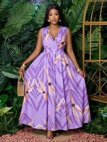 SOLERSUN 大码女式无袖碎花弹力腰长连衣裙，适合夏季度假和日常穿着 - 淺灰紫 - 查看 8