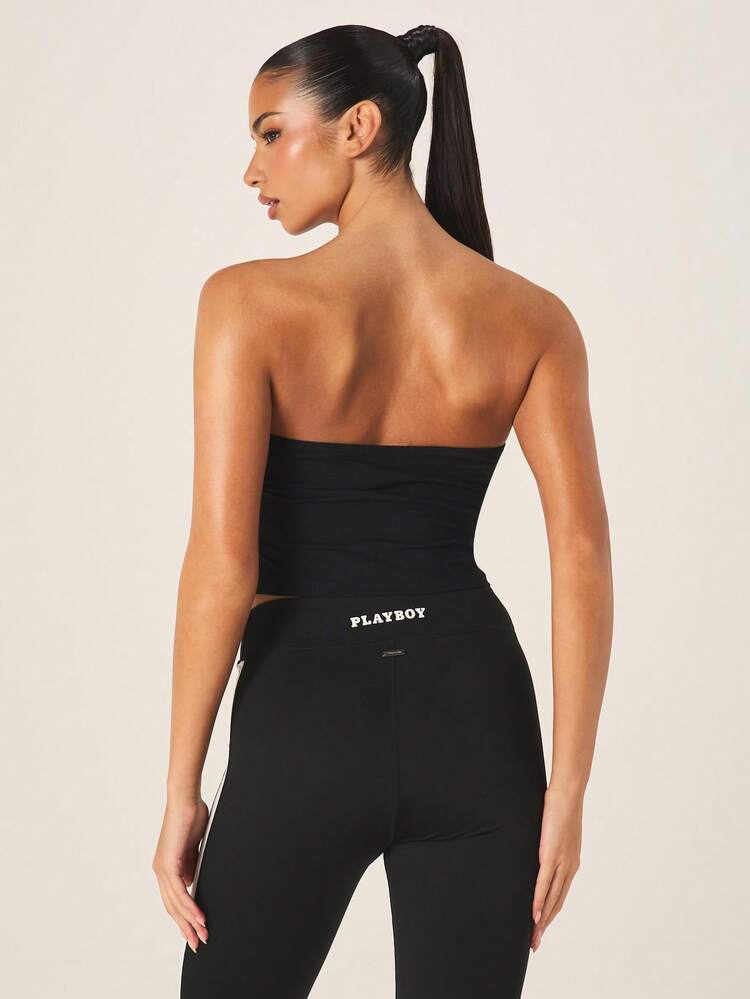 Missguided x Playboy Women's Bunny Bandeau Top Strapless Black Tube Top With Logo Print Cropped Party Festival Summer Casual