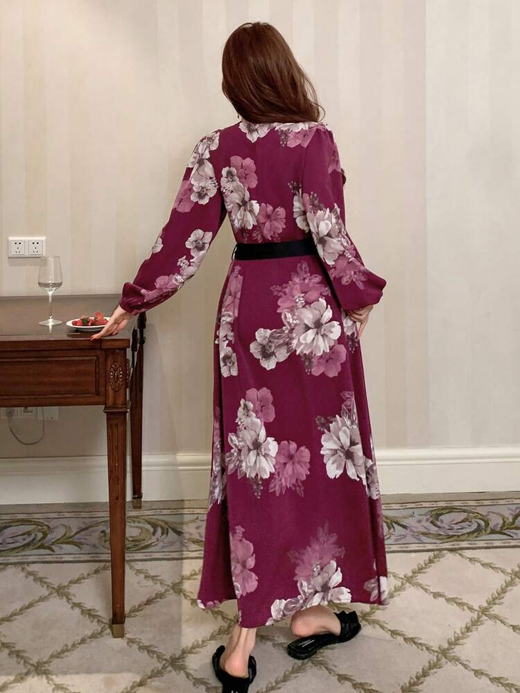 Floral Print Contrast Color Patchwork Lantern Sleeve Long Women Robe