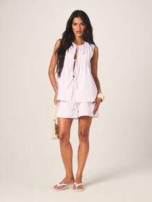 MISSGUIDED 女士条纹无袖上衣，前系带设计，V领，夏季休闲吊带背心，及膝长度，尽显女性柔美气质 - 彩色 - 查看 4