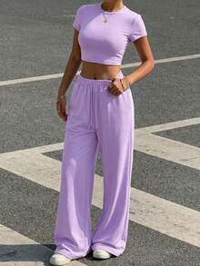 SHEIN EZwear 2pcs Women Purple Round Neck Short Sleeve Top And Pants Set, Minimalist Style - Purple - View 6