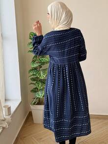 DAZY Retro Pattern All-Over Print Loose Women Nightgown - Navy Blue - View 2