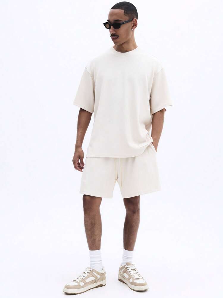 오버사이즈 크루넥 반팔 티셔츠 및 매칭 반바지 코디 세트 캐주얼 여름 라운지웨어 골지 니트 원단 릴렉스 핏 투피스 아웃핏