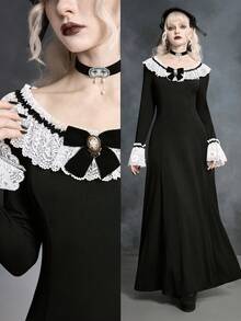 ROMWE SpringGothic Lace Patchwork Long Dress For Women, Spring/Summer - Black - View 10