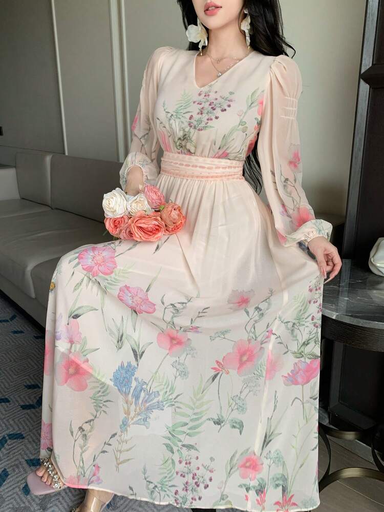 Women's Shallow Pink V-Neck Waist Flared Skirt Design Fresh All-Over Ditsy Floral Lantern Sleeve Ruffle Hem Dress, Spring & Summer