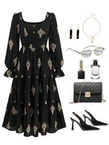 Ellevyn 大码女式花卉刺绣方领喇叭袖荷叶边下摆优雅连衣裙 - 黑色 - 查看 10