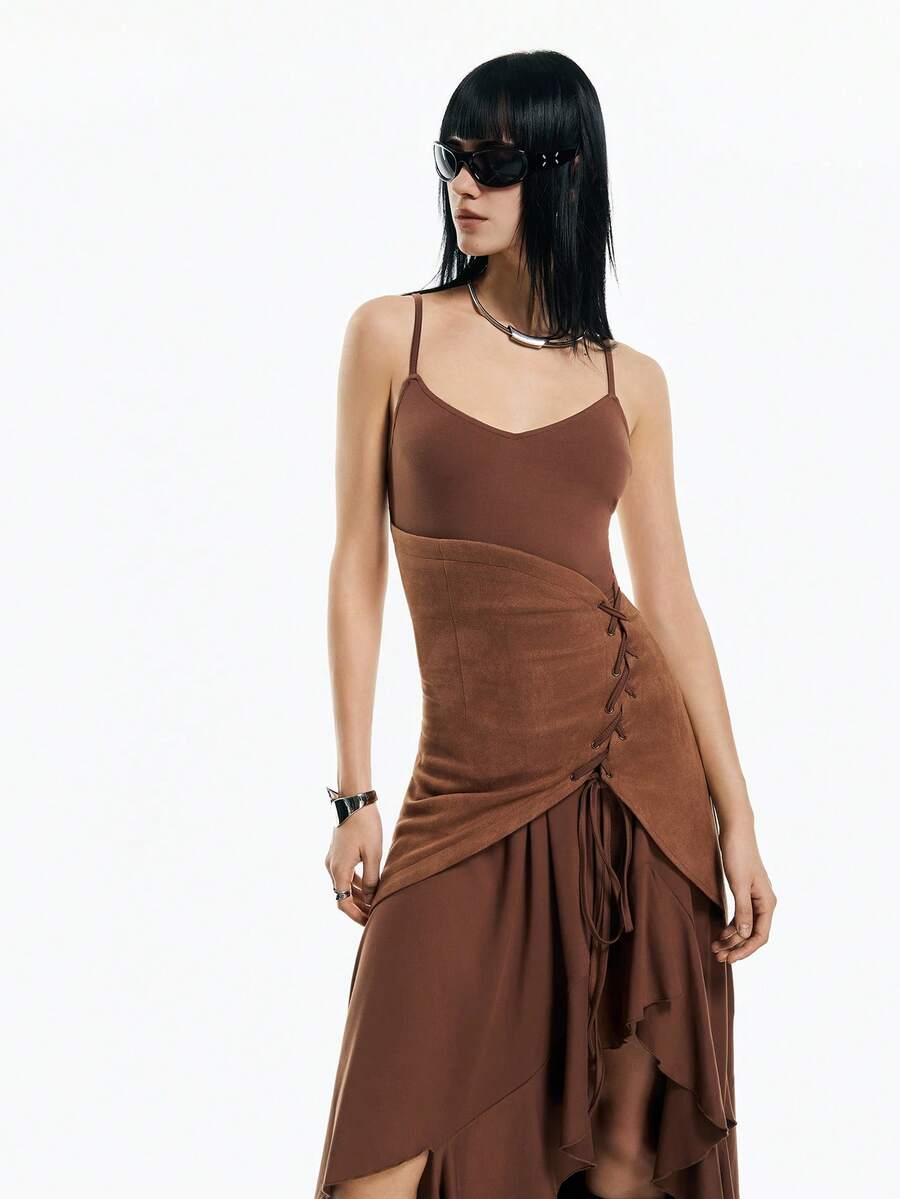Airlisse Đầm hai dây thời trang mùa hè với dây chéo eo và vạt bất đối xứng. - màu nâu - Xem 1