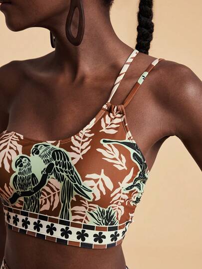 Travachic Women's Tropical Print Swimsuit Set, Vacation & Beach,Beach,Beach Outfits For Women,Beach Set,Going Out,Vacation,Vacation Outfits Women,Holiday,Summer,Summer Clothes,Summer Outfits For Women,Valentine's Day,Carnival,Carnival Costume,Party ,Going Out,Going Out Outfits,Casual,Elegant,Y2k,Flower,Black