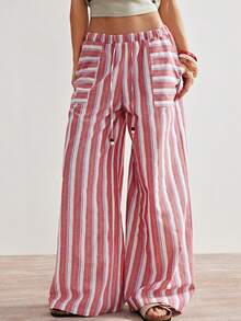 Bohemela 波西米亚风春夏复古女式休闲宽松红色条纹梭织长裤，正面饰有串珠细节，西部乡村风格，适合音乐会派对、海滩度假、日常穿着、返校、外出和派对，2000年代，Y2K，夏季假期 - 彩色 - 查看 1