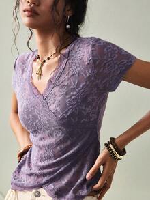 SoleilVie Women's V-Neck Jacquard Knit Contrast Lace Casual Vacation Versatile T-Shirt - Purple - View 1