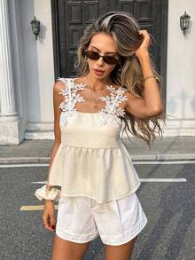 SHEIN PariChic French Cream-Apricot Tank Top With 3D Rose Lace Shoulder Sleeves,Ruffled Hem Babydoll Tops,Blue And White Stripe,Summer,Elegant,Tea Party,Holiday - Apricot - View 6