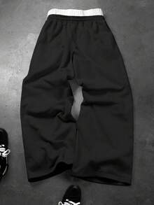 PAVTROS Men's Casual Letter Print Drawstring Waist Sweatpants - Black - View 2