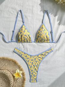 Swim Mod Strawberry Print Spaghetti Strap Triangle Cup High Cut Bottoms Bikini Set, Sweet Beach Vacation - Multicolor - View 3