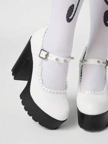 ROMWE Goth Giày cao gót đế dày ren gợi cảm dành cho nữ, kiểu dáng thời trang xuân/thu, màu trơn, đính đinh tán kim loại, khóa cài, gót cao, mũi thấp, thích hợp cho mùa thu Giáng sinh. - Chantilly - Xem 3