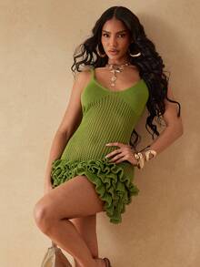 Silquee Vestido camisola casual de unicolor con volantes y diseño hueco como cubierta - Verde - Ver 4