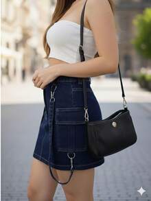 Falda de Mezclilla Tipo Cargo con Short Incluido y Cintas Laterales Removibles.  Mezclilla Elástica. - Azul Marino - Ver 3