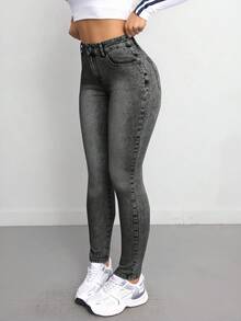 SHEIN Tall CURVE 大码女式蓝色弹力紧身牛仔裤，带口袋 - 黑色 - 查看 3