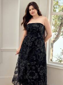 MOTF PREMIUM PLUS ELEGANT ROMANTIC SEQUIN FLORAL EMBROIDERY STRAPLESS DRESS - Black - View 6