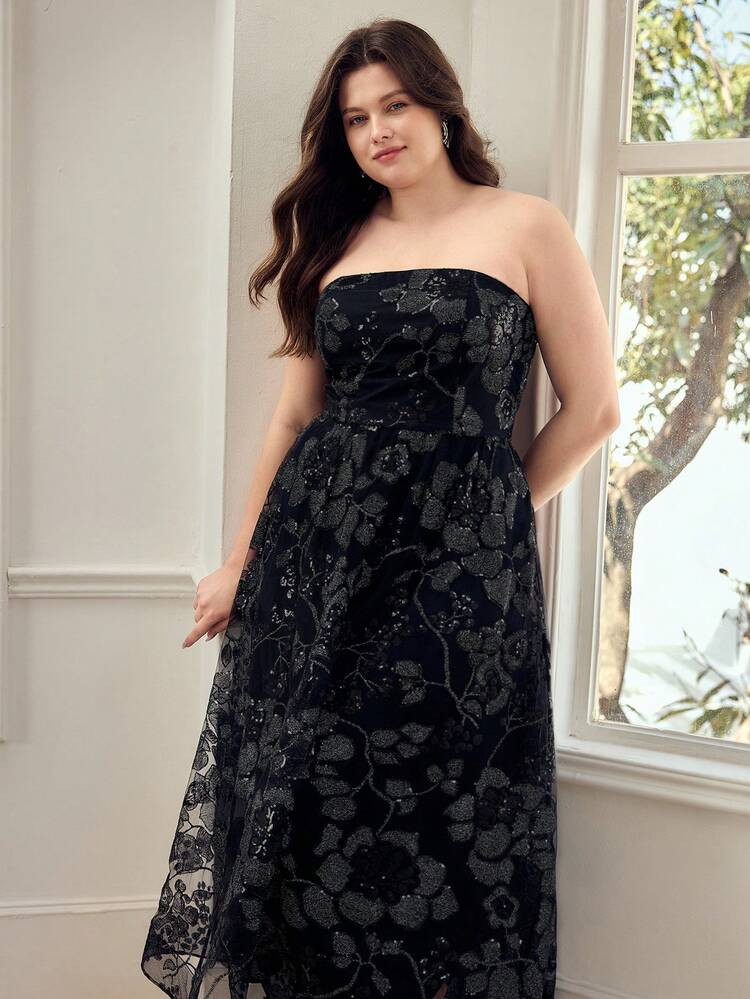 PLUS ELEGANT ROMANTIC SEQUIN FLORAL EMBROIDERY STRAPLESS DRESS