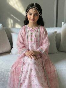 SHEIN 少女优雅奢华长裙，黑金配色，搭配金色缎带网纱开衫，两件套 - 藍色 - 查看 1