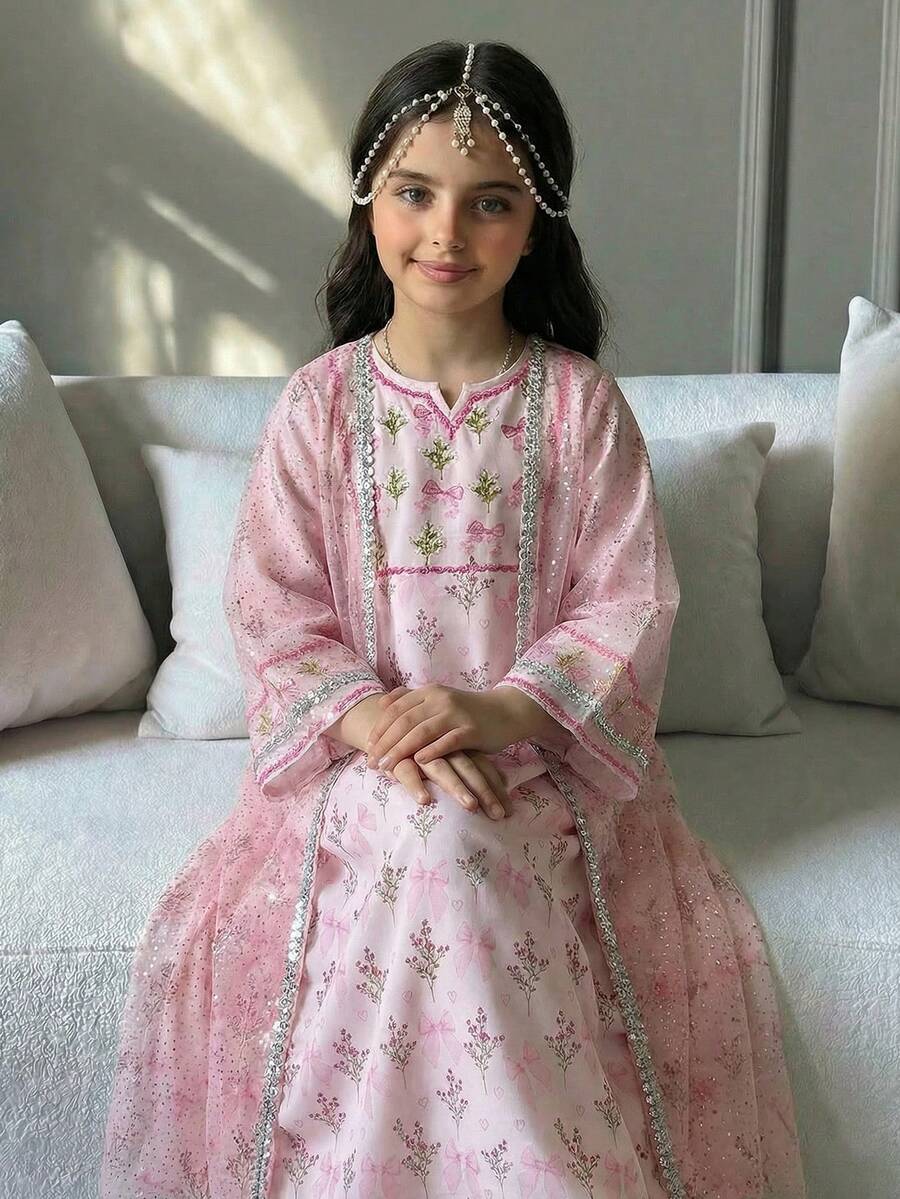 SHEIN 少女优雅奢华长裙，黑金配色，搭配金色缎带网纱开衫，两件套 - 藍色 - 查看 1