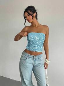 SHEIN EZwear 女士蓝色亮片针织抹胸上衣，适合夏季穿着，Y2K风格，亮片上衣，女士夏季穿搭，漂亮上衣，女士夏季上衣，夏季穿搭，抹胸上衣 - 藍色 - 查看 4