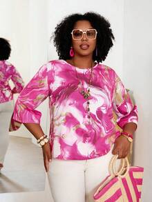 EMERY ROSE Plus Size Elegant All-Over Print Loose Round Neck 3/4 Sleeve Shirt,Going Out Tops - Hot Pink - View 4