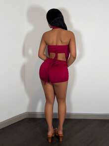 Slaydiva Burgundy Women's Strapless Jumpsuit With Metal Buckle - Red - View 2