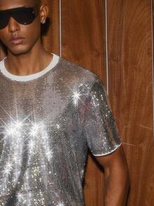 AKNOTIC Business Casual 男士休闲宽松串珠短袖亮片T恤，适合派对、朋友聚会，闪亮装扮，亮片衬衫，亮片上衣，亮片男士 - 銀色 - 查看 6