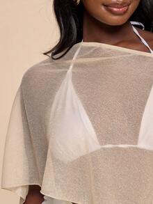 SHEIN BAE 大码女式纯色不对称肩部休闲沙滩罩衫，适合复活节、母亲节、波西米亚风、透视罩衫、夏季上衣、春季女装、西部风女装、外出上衣、度假女装、女士上衣、职业装女装 - 杏色 - 查看 10