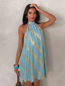 Glamine Shiny Crinkle Textured Fabric Sexy Backless Vacation Style Dress For Women - Multicolor - View 5