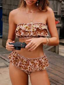 Swim Mod Women's Allover Print Bandeau Bikini Set, Low Waist Ruffle Skorts, Casual Vacation Swimwear - Brown - View 3