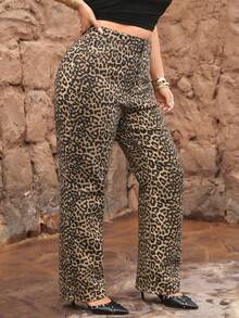 Jeanoix Pantaloni de damă din denim Y2K, mărime plus, cu imprimeu leopard, elastici, slim fit, cu picior drept - Kaki - Vizualizare 4