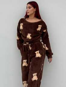 Bearsaez 女款卡通熊图案抓绒斜肩卫衣和裤子套装，秋冬 - 棕色 - 查看 5
