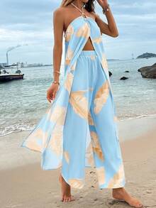 Breezaya 热带植物印花露背短款上衣+松紧腰直筒裤两件套，春夏款 - 藍色 - 查看 3