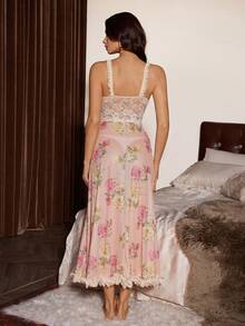 Slumberist Heavily Embroidered Floral Lace & Mesh Sheer Lace Splice Sexy Camisole Nightgown Sexy Night Gown Long Lingerie Dress Sheer Nightgown Spaghetti Strap Lace Nightgown Summer Night Gown - Pink - View 2