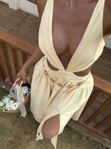 Livesso 黄色V领无袖系带中长连衣裙，休闲夏季海滩派对度假装 - 黃色 - 查看 5