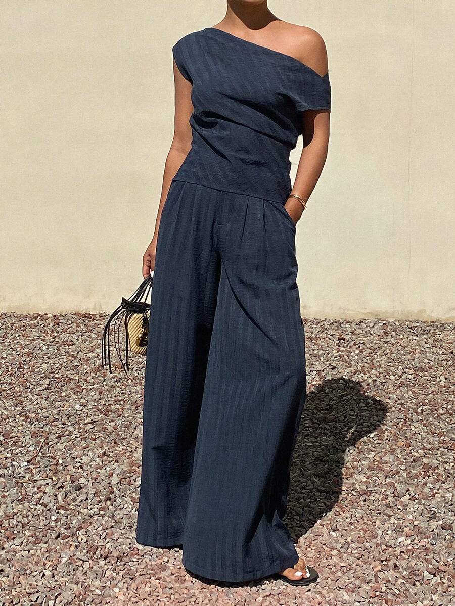 Livesso 女士夏季不对称肩部收腰上衣和休闲裤两件套，藏蓝色 - 藏蓝色 - 查看 1