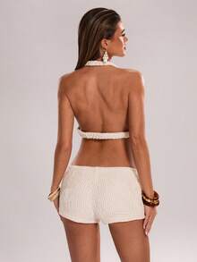 SHEIN BAE Set de 2 piese pentru femei, din material texturat, cu decor de frânghie țesută, cu guler înalt, pentru vacanță de primăvară/vară, model vacanță, potrivit pentru vacanță casual, ținută sexy pentru vacanță la plajă, Set de 2 piese din material texturat, potrivit pentru vacanță la plajă, plajă - Bej - Vizualizare 2