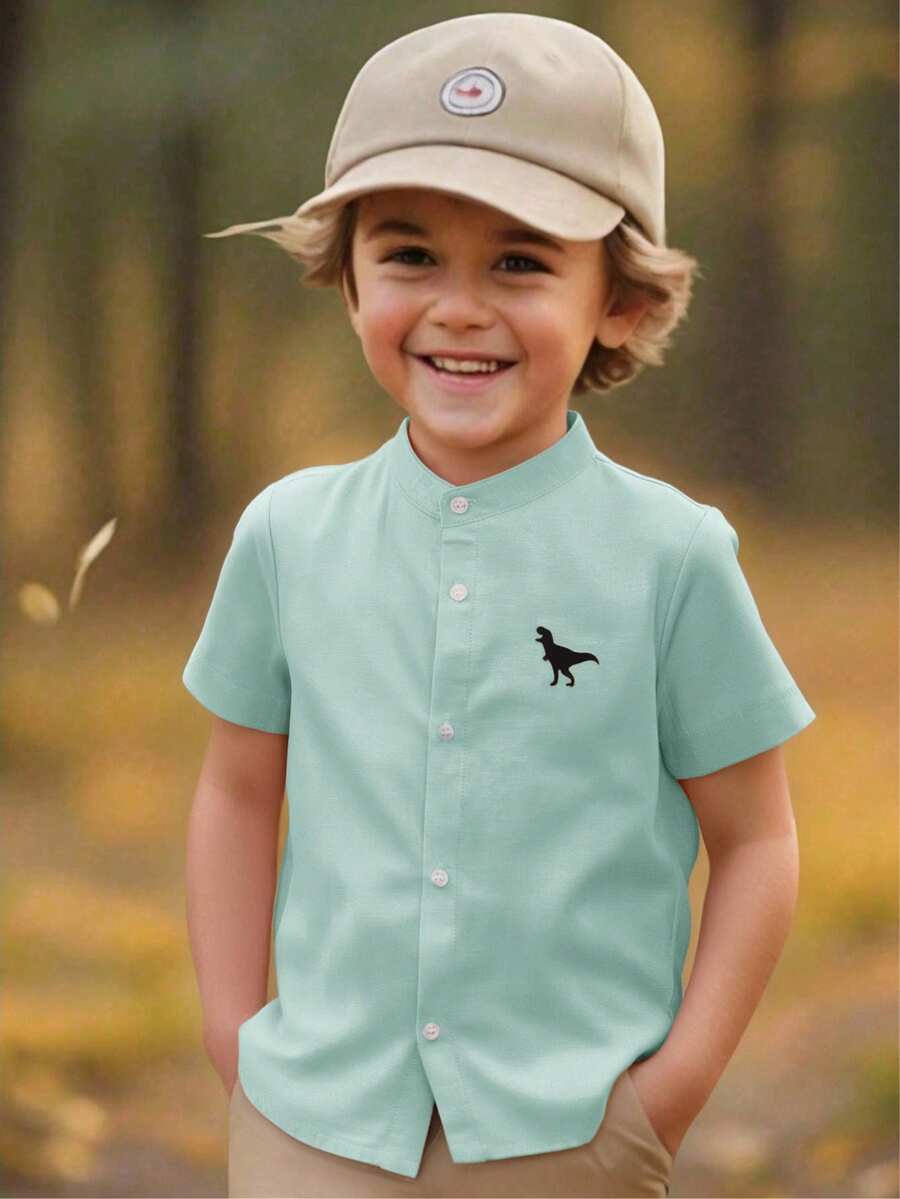 SHEIN Young Boy Dinosaur Print Stand Collar Short Sleeve Casual Shirt, Suitable For Summer Holiday & Daily Commute - Mint Green - View 1