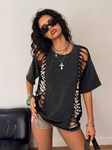 Muchica Y2k T-Shirt  Round Neck Distressed Fashionable Versatile Short Sleeve - Black - View 4