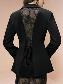 Arave Women's Deep V-Neck Wide Shoulder Pad, Pleated Waist, Hollow Back, Floral Lace Tie Design Elegant Date Night Blazer - Black - View 4