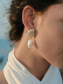 Opalesca 1 Pair Unique Luxury Rhinestone Inlaid Seashell & Baroque Pearl Pendant Earrings, Fashionable Versatile Elegant Earrings - Multicolor - View 5