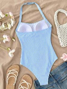 SHEIN 少女V领花卉金属扣系带白色纹理针织连体泳衣，度假沙滩装 - 藍白色 - 查看 2