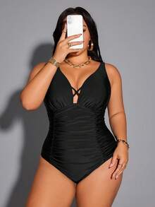 Shapewave Traje de baño de una pieza 2026 de talla grande para mujer, con cuello en V profundo, cruzado, control de abdomen y cintura alta, color negro - Negro - Ver 5