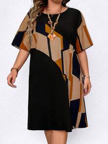 EMERY ROSE Plus Size Women's Color Block Floral Print Round Neck Short Sleeve Casual Dress, For Summer - Yellow - View 1