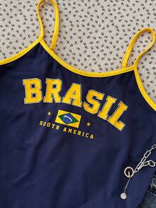 少女款亮色巴西印花撞色休闲吊带背心，修身剪裁，适合夏季、运动休闲穿着。 - 藏蓝色 - 查看 4