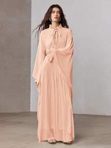 ZEYLAH Gaun Pesta Kasual Wanita Warna Polos dengan Kerah Ikat dan Lipit, Cocok untuk Musim Semi - Coral Pink - View 5